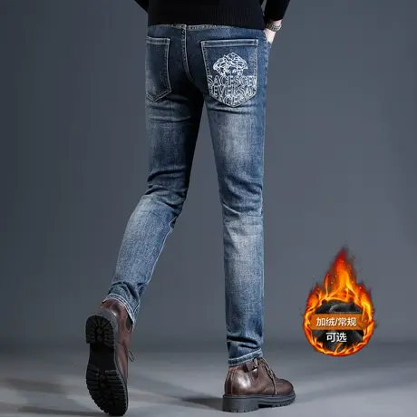 潮牌蓝色加绒牛仔裤男冬季修身小脚2023新款弹力加厚保暖男士裤子商品大图