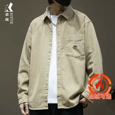 希越美式复古重磅休闲衬衫男款春秋纯棉外套宽松大码加绒加厚衬衣商品大图