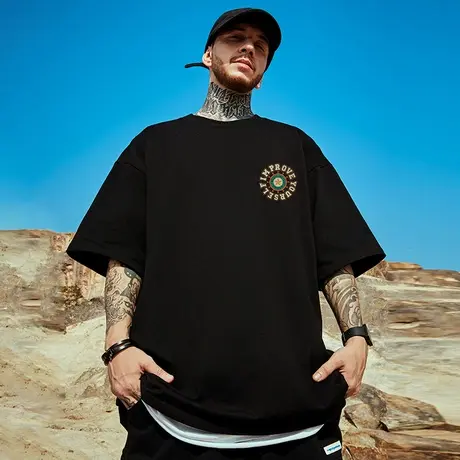 夏季简约短袖男ins潮牌美式t恤纯棉宽松大码百搭半袖胖子潮流体恤商品大图