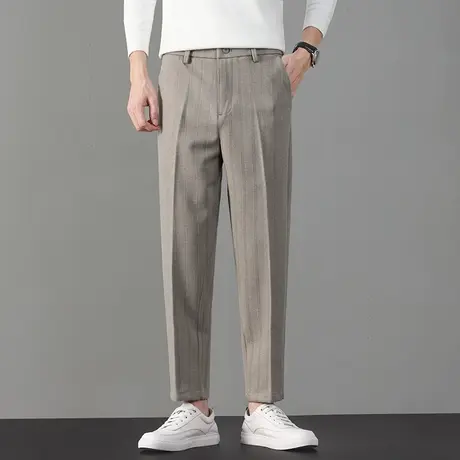 高级感秋冬季西裤男士九分直筒修身休闲裤职业装裤子条纹厚款毛呢商品大图