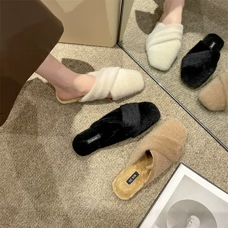 法式配裙子包头半拖鞋女外穿2024年新款轻便平底鞋百搭时尚毛毛鞋图片