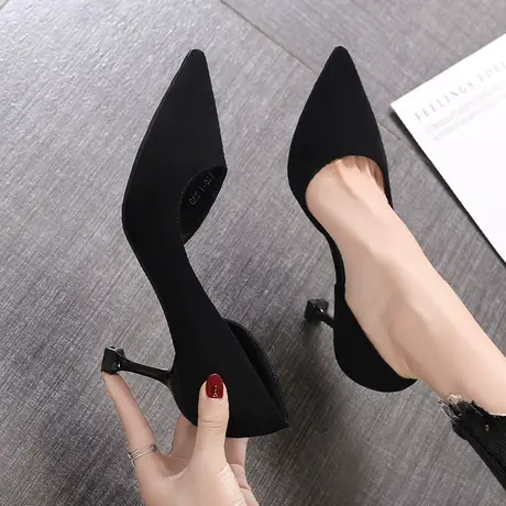 法式高跟鞋女春季2023新款百搭黑色职业ol细跟尖头鞋少女侧空单鞋商品大图