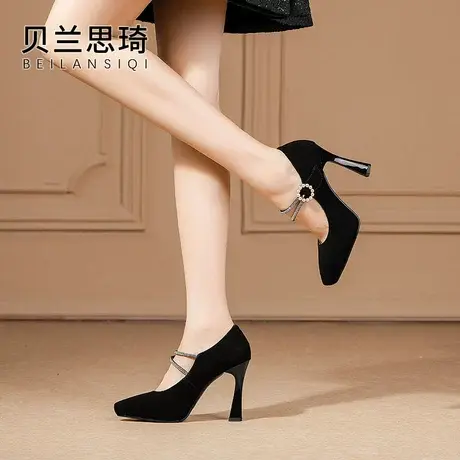 磨砂真皮水钻一字带防水台高跟鞋女224春秋季尖头浅口细跟单鞋图片