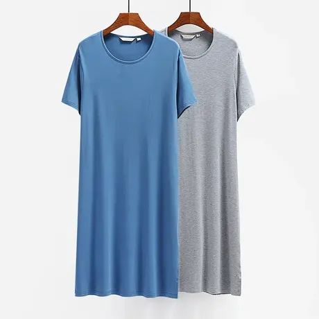 凉爽冰丝莫代尔睡衣男夏季薄款短袖宽松长款两边开叉男士睡裙睡袍商品大图