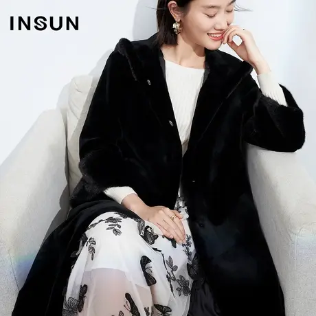 INSUN恩裳奥莱冬季连帽中长款水貂貂皮皮草图片