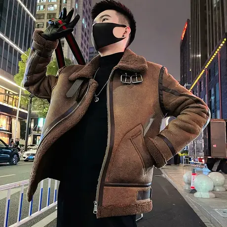 2023秋冬新款美拉德风皮毛一体皮衣潮男百搭冬季修身夹克小外套图片