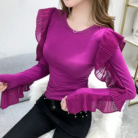 2023新款潮流女装荷叶边露肩小心机T恤女长袖春秋设计感洋气上衣商品大图