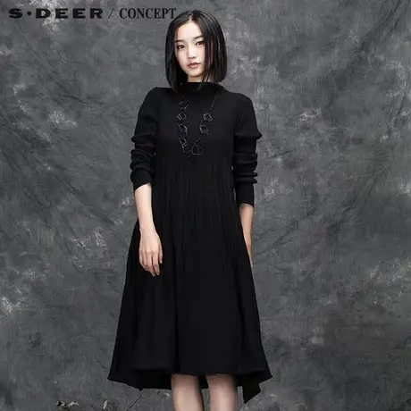 sdeer圣迪奥女装2017冬装抽象褶皱针织网纱连衣裙S15481212图片