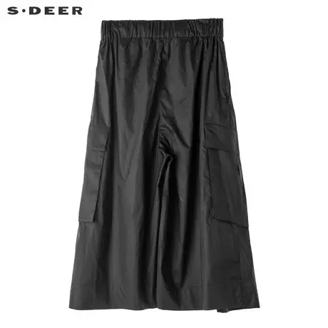 sdeer圣迪奥休闲纯黑松紧腰身几何口袋阔腿七分裤S18280824商品大图
