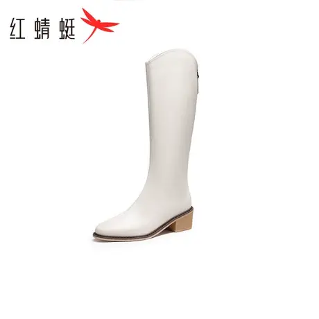 红蜻蜓粗跟时装靴2023秋季新款女鞋尖头通勤长筒靴白色气质弹力靴图片