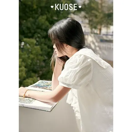 阔色法式白衬衫女2023夏季新款v领荷叶边海军领蕾丝条纹短袖上衣图片