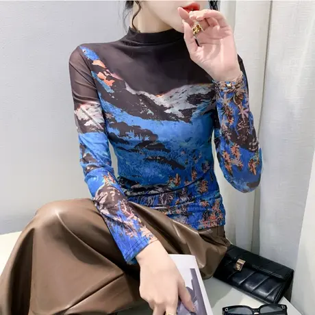 时尚撞色网纱半高领长袖T恤女印花洋气修身内塔上衣显瘦打底衫潮商品大图