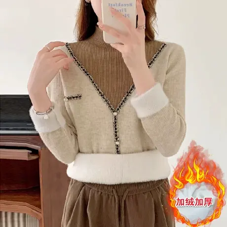 一体绒假两件半高领加绒毛衣女冬加厚2024新款爆款女士打底衫内搭商品大图