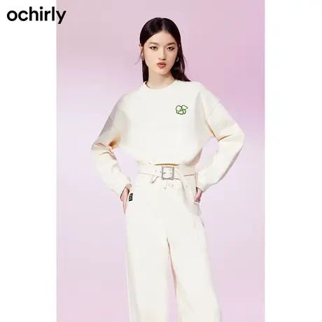 【品牌甄选】欧时力 刺绣钻扣腰带卫衣新款秋圆领镂空设计感休闲图片