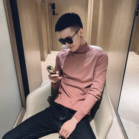 冬季潮流男士纯色高领毛衣潮牌时尚网红打底衫百搭社会小伙针织衫商品大图
