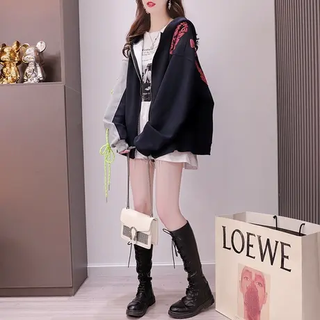 设计感连帽卫衣开衫女2022年新款秋季宽松慵懒风百搭oversize外套图片