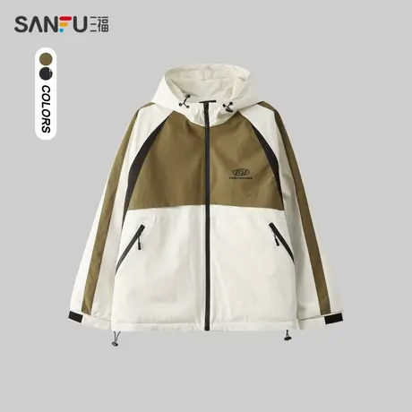 三福2024春季男士撞色拼接短棉衣 潮流休闲连帽外套男481243商品大图
