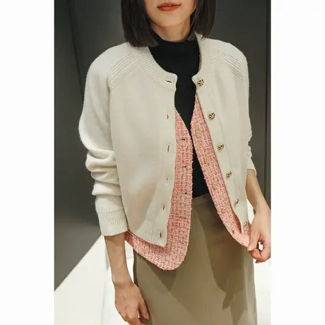 2023冬季新款100%羊毛圆领滑肩花瓣扣时尚气质女士针织开衫上衣女商品大图