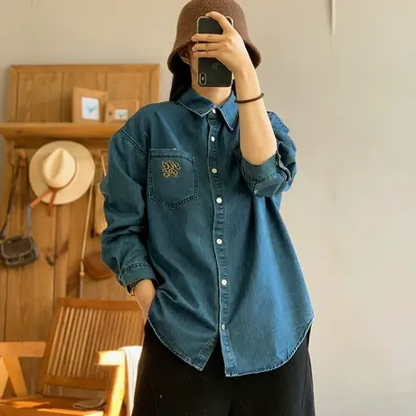 dza 复古短款翻领口袋牛仔衬衣女2024早春新款宽松上衣休闲短衬衫图片