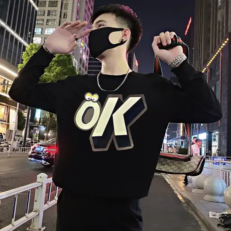 立体印花长袖t恤男2023秋季上衣宽松重磅潮牌套头休闲卫衣打底衫商品大图