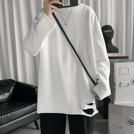 男士秋季白色长袖t恤潮牌潮流圆领宽松内搭T恤港风ins衣服打底衫商品大图
