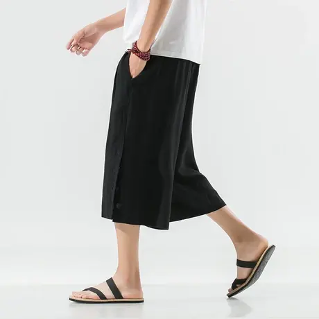 七分裤男夏季复古中国风盘扣棉麻裤子直筒宽松休闲裤亚麻复古中裤商品大图