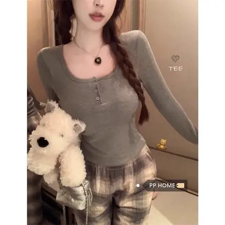 带胸垫磨毛加厚打底衫长袖方领T恤女秋冬季修身纯色保暖内搭上衣商品大图