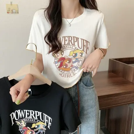 [飞天小女警联名]唐狮2023新款动漫印花短袖T恤女夏季短款上衣潮x商品大图