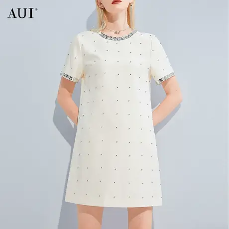 AUI名媛小香风直筒连衣裙女2023夏新款气质T恤裙设计感钉珠a字裙图片