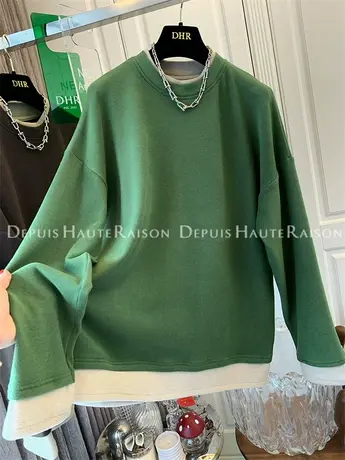 高级感超好看加厚德绒假两件宽松慵懒长袖T恤上衣卫衣打底衫内搭商品大图