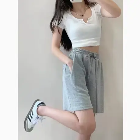 夏季纯棉休闲运动短裤女2024新款高腰宽松百搭居家外穿跑步阔腿裤商品大图