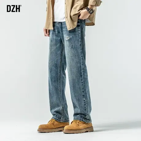 男生蓝色破洞牛仔裤男春季潮牌休闲裤子2024新款美式老爹裤直筒裤商品大图