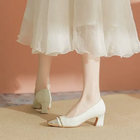 小香风单鞋女中跟2024年新款春季方头玛丽珍鞋温柔气质粗跟高跟鞋图片