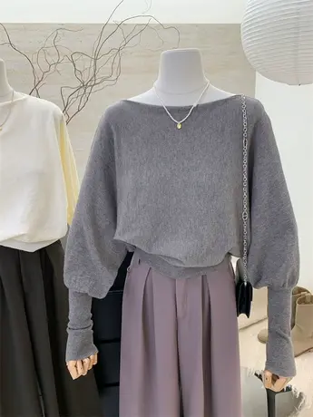 2024春秋韩系百搭宽松蝙蝠袖一字肩针织衫女甜美套头短款外穿上衣商品大图