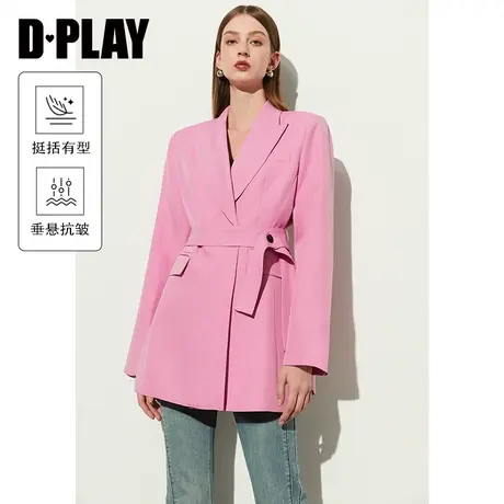 DPLAY春通勤粉色长袖修身本布腰带收腰设计含羊毛醋酸西装外套女商品大图