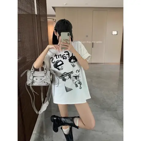 独特款t恤女美式印花短袖夏季白色新款宽松显瘦圆领中长款半袖衣商品大图