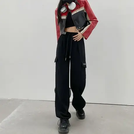 黑色工装运动裤女春秋款松紧腰抽绳束脚卫裤美式宽松休闲阔腿裤子商品大图