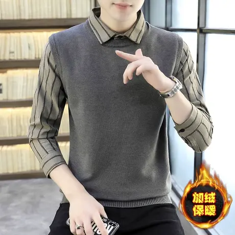 男士长袖衬衫领毛衣秋冬季加绒加厚保暖上衣韩版马甲针织衫假两件商品大图