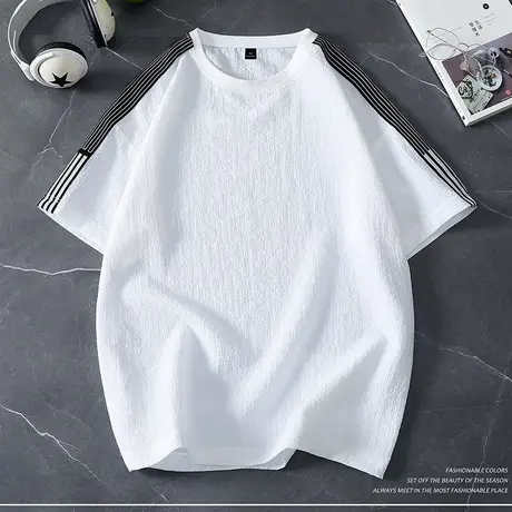 冰丝速干短袖t恤男士夏季条纹拼接五分半袖男潮牌中国风圆领体恤T商品大图