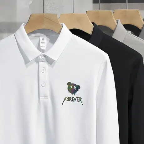 珠地棉翻领polo衫男长袖t恤商务保罗带领打底衫小熊有领白色体恤商品大图