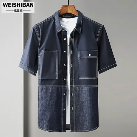 日系工装拼接牛仔短袖衬衫男外套宽松缉明线休闲撞色衬衣外穿半袖商品大图