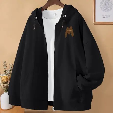 黑色连帽卫衣女2023秋季新款宽松上衣春秋款带拉链设计感女装外套商品大图
