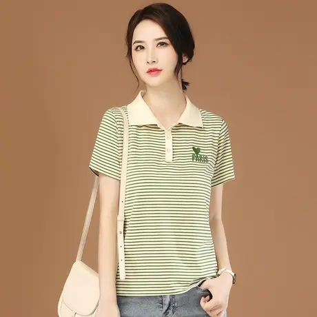 韩潮袭人文艺休闲条纹短袖T恤女2023夏季新款刺绣POLO衫体恤上衣商品大图