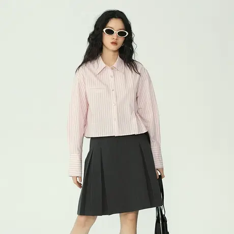 omont蛋挞家 条纹短款长袖衬衫女春季2023年新款小个子衬衣上衣商品大图