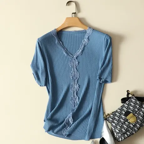 2022春装薄款冰丝针织衫女V领短袖t恤女蕾丝花边宽松上衣打底衫女图片