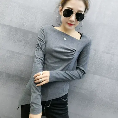 时尚个性不规则上衣女装2023春秋新款修身纯棉T恤女长袖打底衫潮商品大图