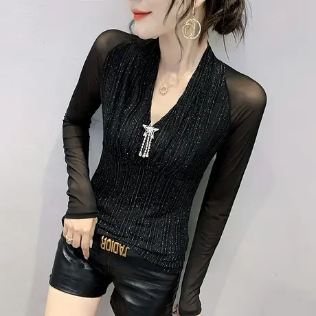 春装2023新款潮性感V领T恤时尚亮丝网纱上衣紧身内搭打底衫女长袖商品大图