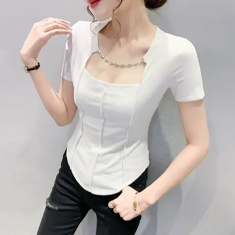 性感方领短袖T恤女2023夏装新款洋气纯欲上衣百搭修身高腰小衫潮图片