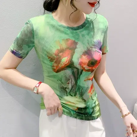气质漂亮印花T恤女短袖夏季时尚网纱上衣修身显瘦圆领小衫半袖潮商品大图
