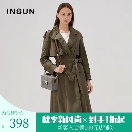 恩裳商场同款经典双排扣收腰棉质长款女风衣大衣外套图片